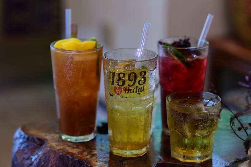 Iced tea and bottled water beverage options at Dions